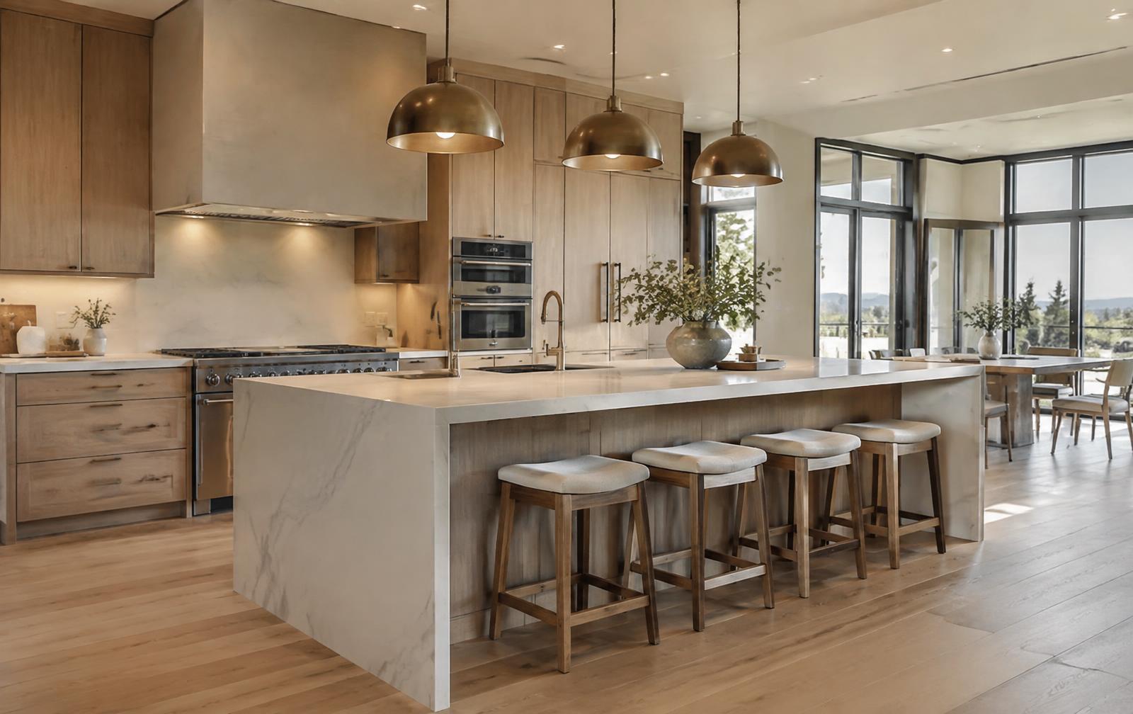 Remodeled kitchen with oak cabinets and stone island